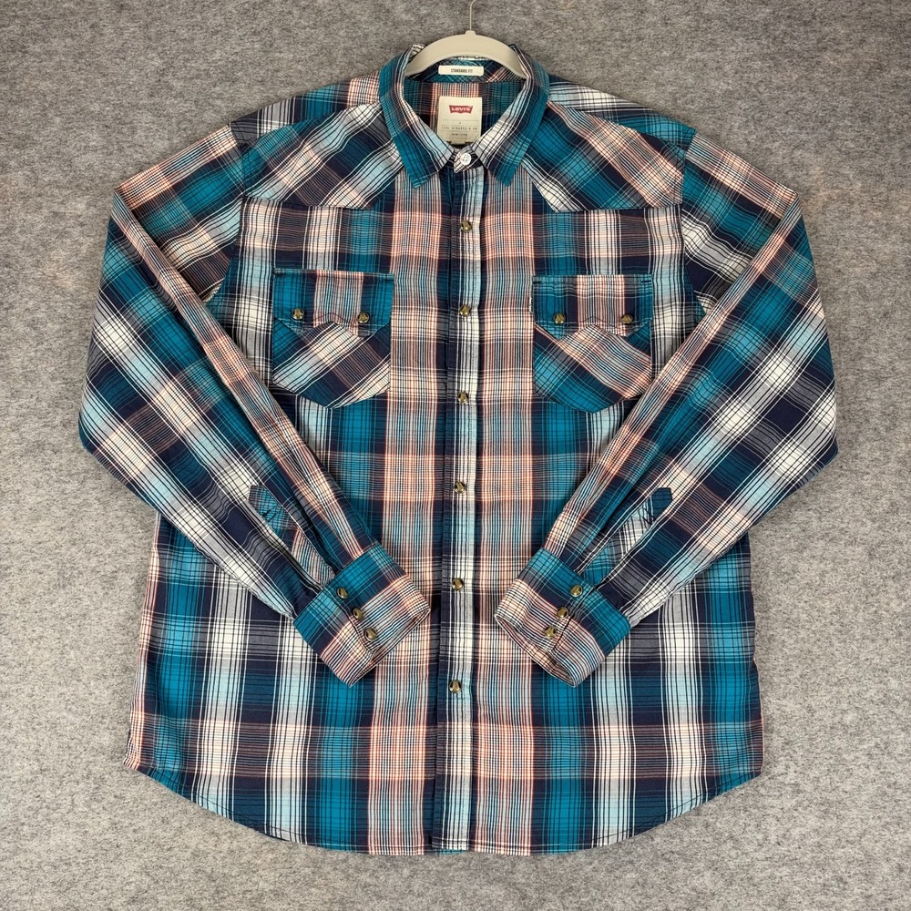 Levi's The Western Plaid Pearl Snap Shirt Standard Fit Teal Blue Mens Large L